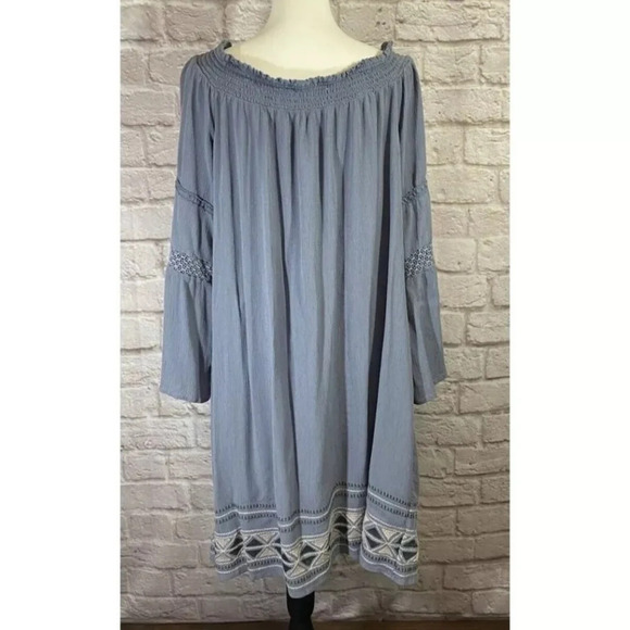 Knox Rose Blue Gauzy off shoulder embroidered Midi Dress Flutter sleeves L - Picture 3 of 8